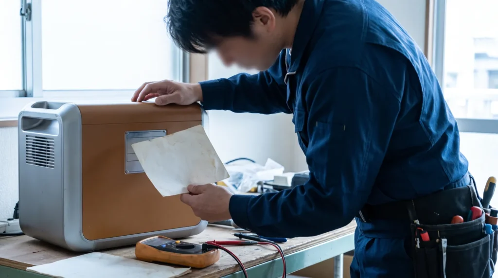 電気工事士がポータブル電源の仕様表と銘板を見比べてチェックしているイメージ