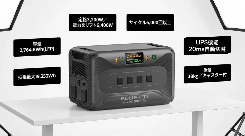 BLUETTI Apex 300の基本スペックと特徴｜2,764.8Wh×3,200W×19kWh拡張のモジュラー設計の正体