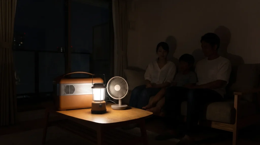 停電した夜のリビングでポータブル電源につないだランタンと扇風機を使っているイメージ