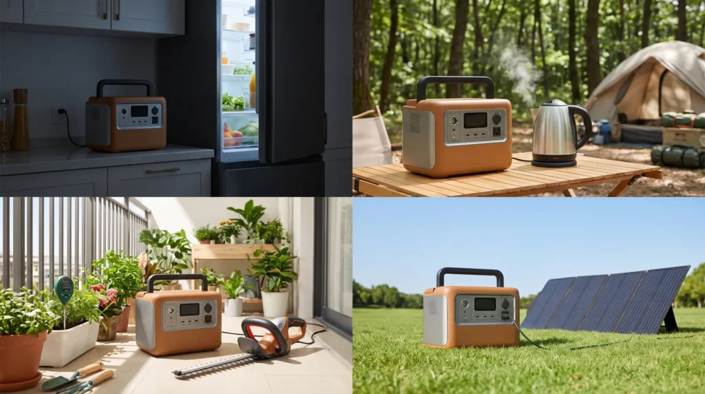 防災・キャンプ・ベランダ作業・ソーラー充電の4つの場面でポータブル電源を使っているイメージ