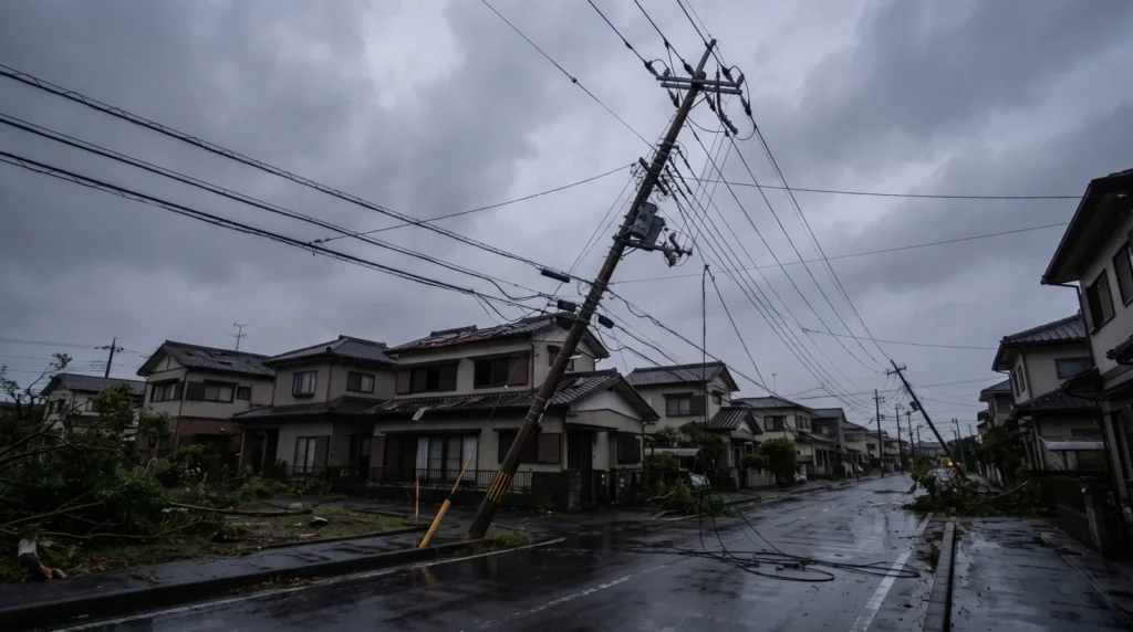 台風で倒れた電柱と停電した住宅街を遠くから見たイメージ