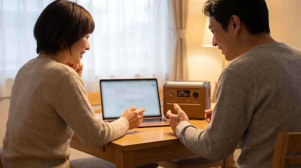 ポータブル電源を買うべきか家族で相談しているイメージ
