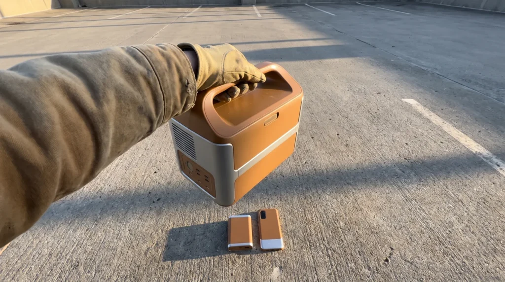 小型ポータブル電源を片手で持ち上げ、DC専用の小型機やモバイルバッテリーと大きさを比べている様子