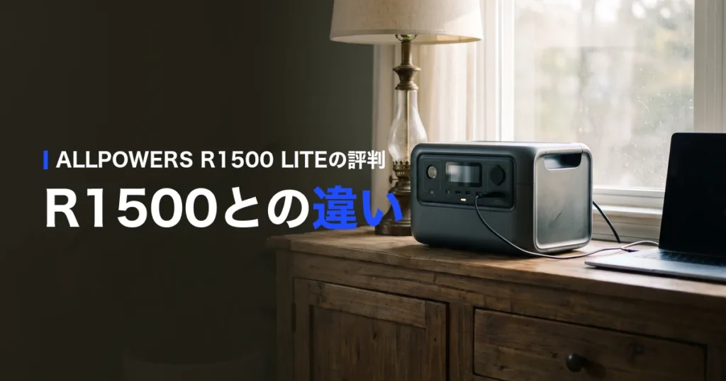 ALLPOWERS R1500 LITEの評判とR1500との違い：窓辺の棚でノートパソコンにつないだポータブル電源