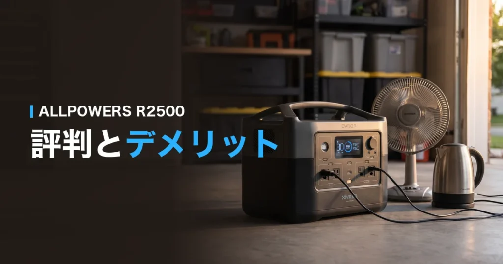 ALLPOWERS R2500の評判とデメリット：ガレージで扇風機とケトルにつないだポータブル電源