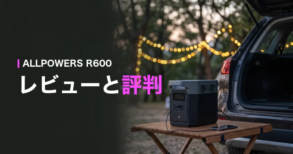 ALLPOWERS R600のレビューと評判：車のトランクそばのテーブルに置いたポータブル電源