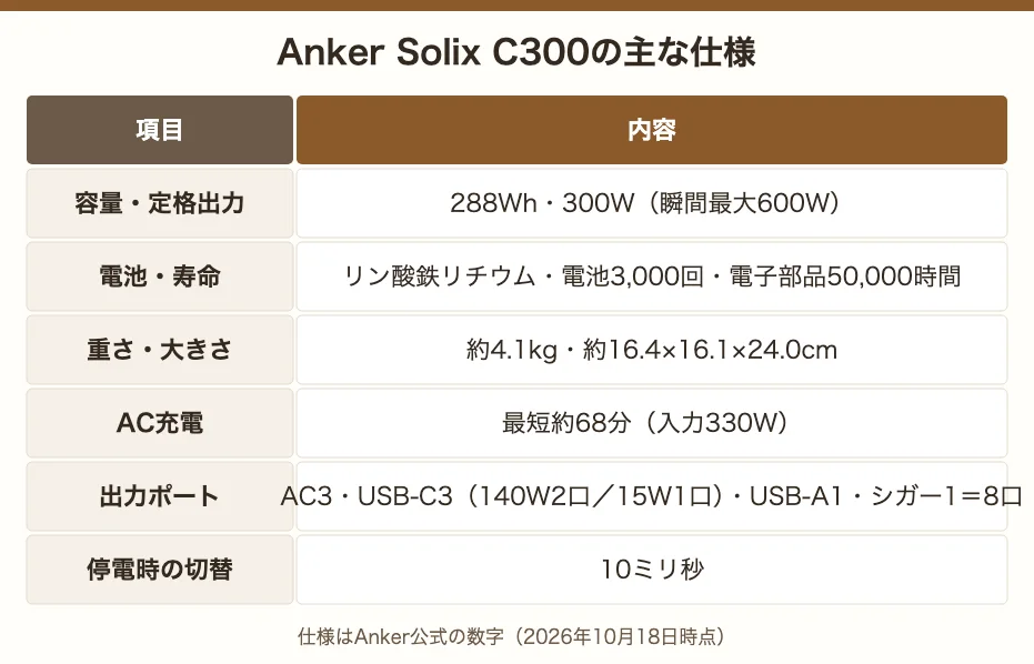 Anker Solix C300の主な仕様。288Wh・定格300W・瞬間最大600W、約4.1kg、AC充電最短約68分、出力8ポート、停電時10ミリ秒切替