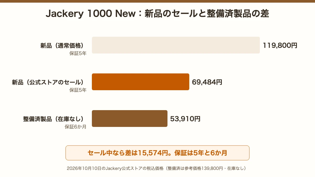 Jackery 1000 Newの通常価格・公式ストアのセール価格・整備済製品の価格と保証期間の比較