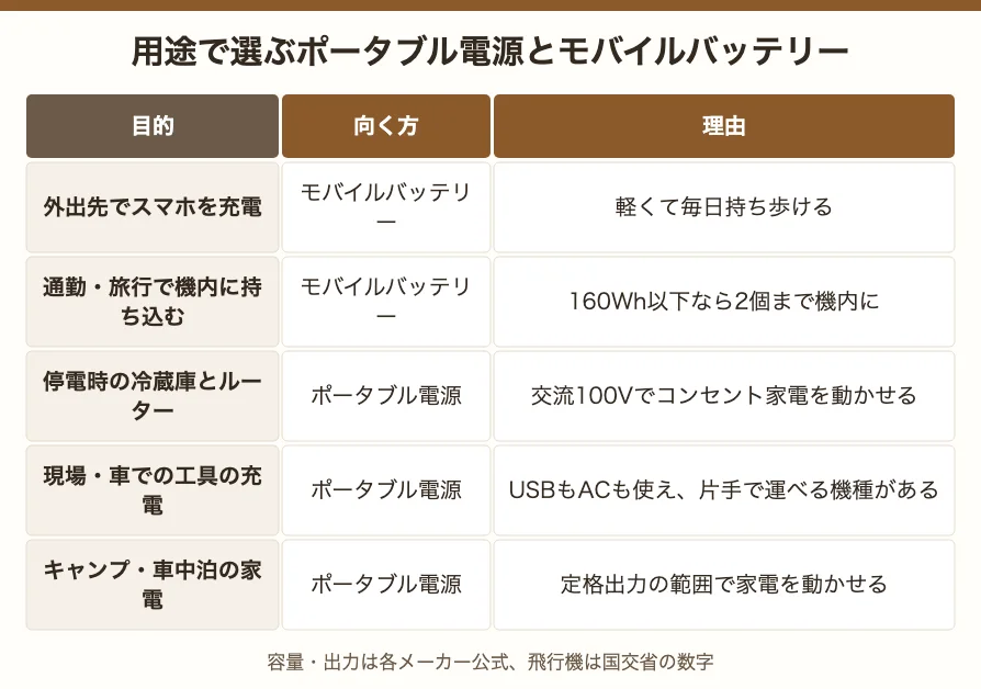 用途で選ぶ早見。外出先のスマホはモバイルバッテリー、機内持ち込みもモバイルバッテリー、停電時の冷蔵庫やルーター・現場の工具・キャンプの家電はポータブル電源